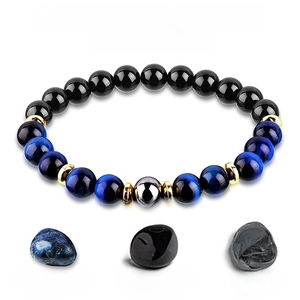 Bracelet triple protection en œil de tigre bleu, obsidienne noire et perles d'hématite