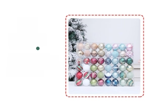 Assorted colorful Christmas balls set with painted patterns and glitter in a clear box