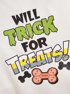 Detail of breathable white mesh fabric with Halloween text print WILL TRICK FOR TREATS!