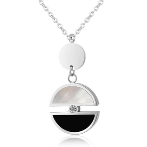 Minimalist silver steel necklace featuring geometric black and white shell pendant with zircon