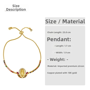 Detailed view of Virgin Mary charm bracelet with colorful zircons and size specifications
