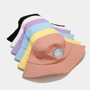 Japanese style sun bucket hats with colorful shell embroidery in multiple macaron colors