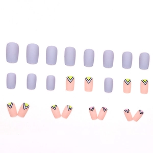 Matte purple and pink long press-on nails set with geometric V-shaped patterns