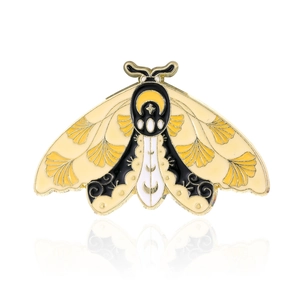 Cartoon moth enamel brooch with yellow ginkgo leaf pattern and golden outline