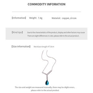 Detail view of water drop blue zircon pendant necklace showing specifications and size