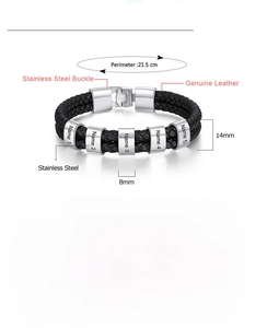Detail view of men's braided black leather bracelet with five custom steel beads