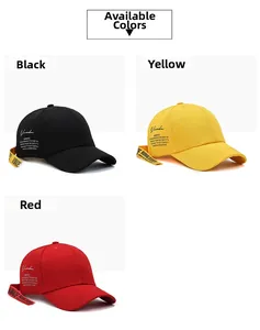 Detailed comparison of street style baseball caps in black, yellow, and red with long ribbons
