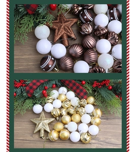 Detail showing festive Christmas ornaments with brown, white, and gold textured finishes