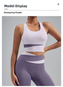 Gros plan sur l'ensemble brassière de sport et legging avec design en patchwork violet