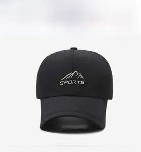 Front view of black quick-dry sports baseball cap with mountain embroidery and Sports text