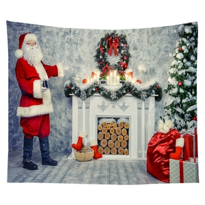 Detail of Christmas tapestry featuring a cozy fireplace, Santa Claus, and tree