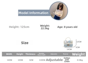 Size chart for floral tweed girls handbag with pearl handle and 110cm strap
