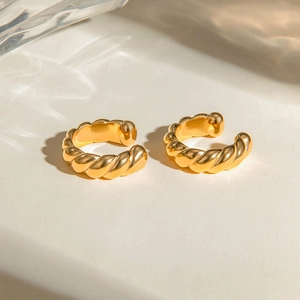 Detailed view of 18k gold plated stainless steel twisted rope ear cuffs for women