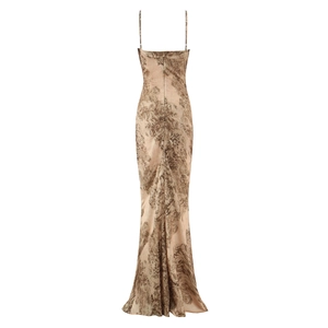 Women's back-view long satin dress with gold floral print and thin straps