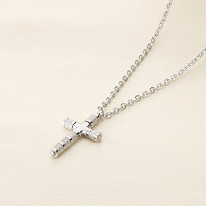 Polished silver stainless steel cross pendant necklace with knurled texture for women