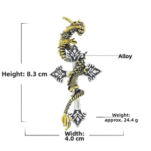 Detailed view of dragon wrapped around a silver cross with 8.3cm height measurements