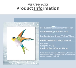 Detail view of colorful enamel bird brooch with dimensions 47mm x 40mm and alloy material