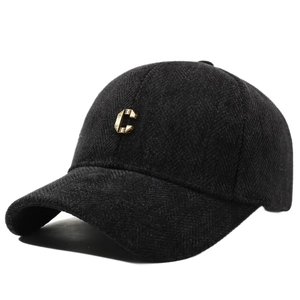 Classic dark grey herringbone baseball cap with a gold metal letter C ornament