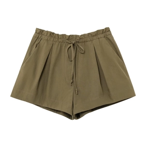 Women's army green high-waisted shorts with drawstring and utility pockets in flat lay view