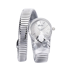 Close-up of silver snake-shaped bracelet watch with crystal bezel and flexible metal band