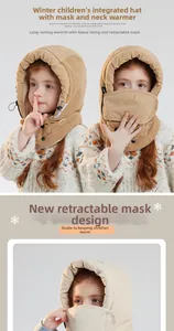 Detail view of khaki corduroy kids winter hat with fleece lining and foldable face mask