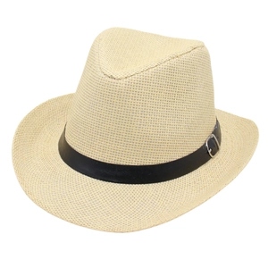 Classic beige woven straw cowboy hat with black leather band and silver metal buckle