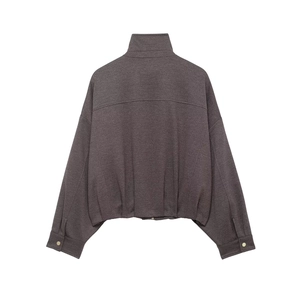 Dark grey stand-collar bomber jacket with drop shoulder and metal cuff detail back view