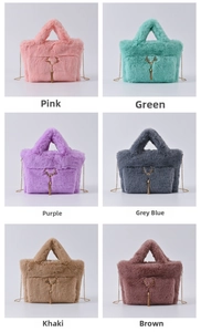 Close-up of plush faux rabbit fur bags in six colors with gold deer buckles and tassels