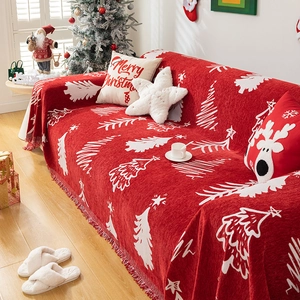 Sofa Cover Blanket Chenille Knitted Christmas Tree Pattern Double Sided With Tassels Red White Festive Home Decor