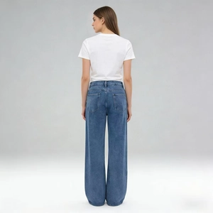 Rear view of high-waisted wide-leg jeans with deep blue denim and loose fit design