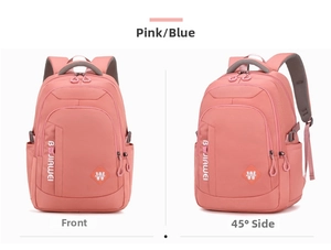 Pink multi-compartment student backpack shown from the front and 45-degree side view
