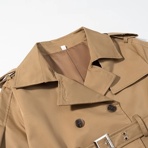 Classic khaki double-breasted trench coat for women featuring lapels and shoulder straps