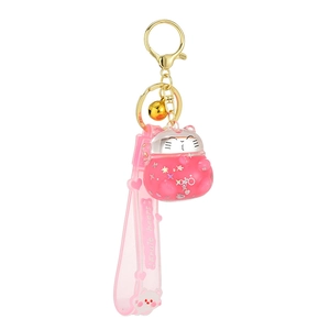 Pink lucky cat floating sand keychain with golden bell and glitter sequins for handbags