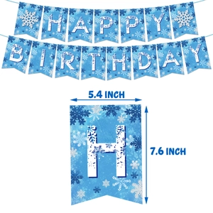 Blue snowflake Happy Birthday banner set with 5.4x7.6 inch flags for party decoration