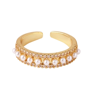 Elegant gold-plated open ring with single row pearls and micro-pave crystals on white background