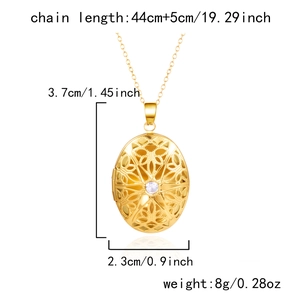 Detailed size chart for gold oval locket necklace with vintage floral hollow pattern