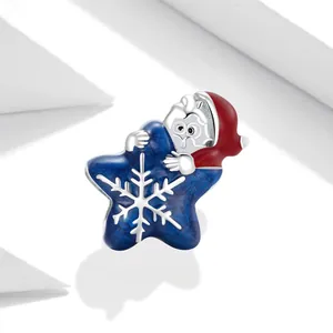 S925 sterling silver Santa Claus charm hugging a blue star for DIY bracelets