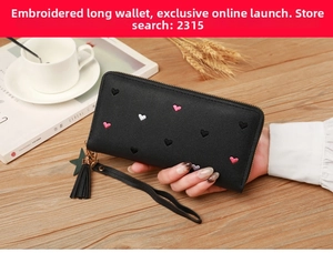 Long faux leather wallet featuring colorful heart embroidery and stylish tassel charm