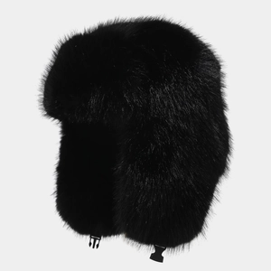 Detail of the high-density faux fur texture and adjustable buckle on this black winter hat