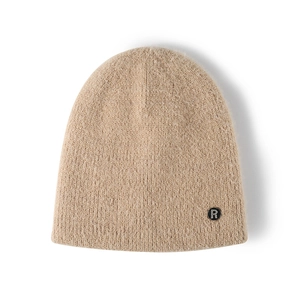 Minimalist beige knitted beanie for women featuring a fuzzy feather yarn texture and R logo