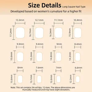 Size chart for brown cat eye press-on nails showing 24 pieces in 12 different dimensions