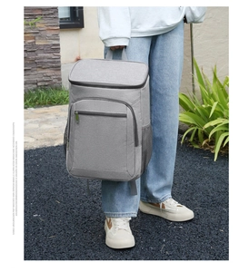 Outdoor insulated gray backpack with front zipper pocket and side mesh storage holder