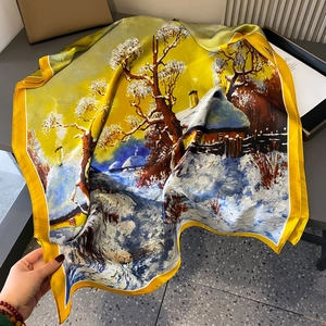 Lijin satin silk-like scarf featuring oil painting house pattern and yellow borders