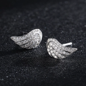 Elegant S925 sterling silver angel wing stud earrings with sparkling pavé crystals