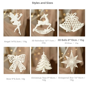 Size chart showing dimensions for white glitter Christmas ornaments including angels and stars