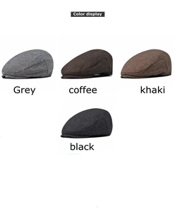 Detailed color display of herringbone newsboy caps in grey, coffee, khaki, and black