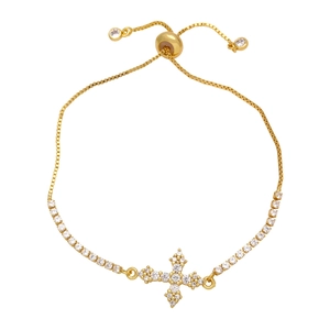 Elegant gold cross bracelet with shimmering zircon stones and adjustable slide clasp