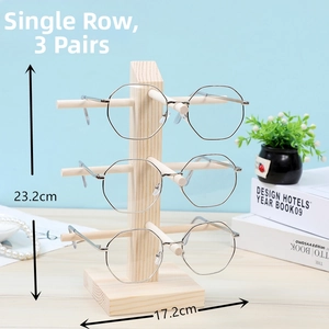 Detailed view of a 3-tier pine wood eyewear stand with cross-support and size labels
