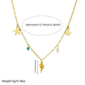 Gold stainless steel ocean necklace with starfish anchor charms and turquoise bead