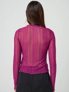 Detailed back view of sheer fuchsia mesh top with pleated texture and long sleeves